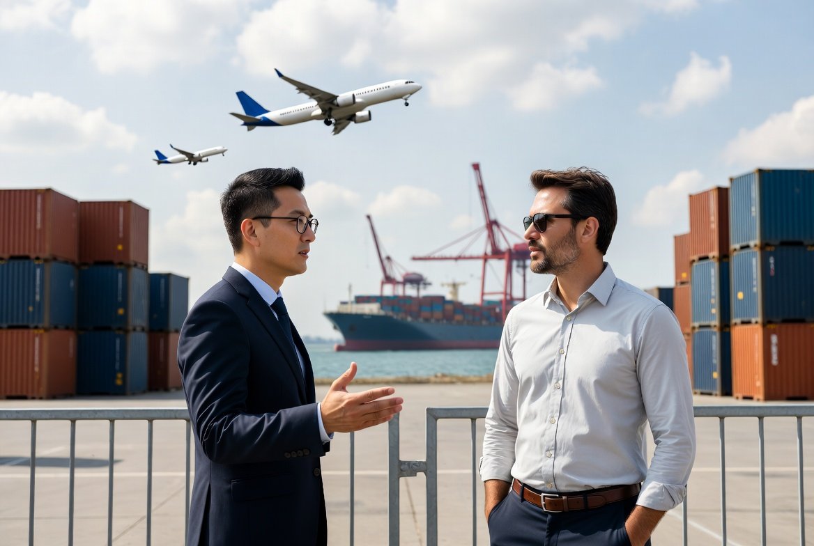 China sourcing agent and customer standing in front of a large container container