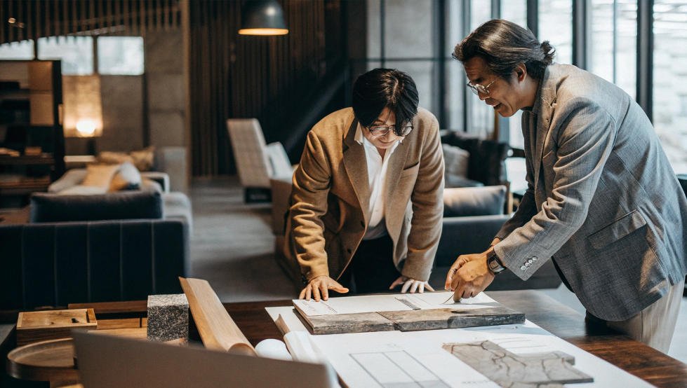 China sourcing agent and China supplier standing in front of a table with a table top