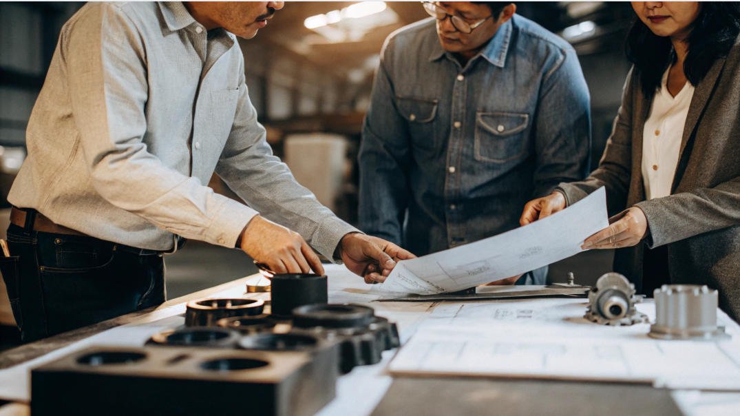 China sourcing agent and China supplier standing around a table with papers and papers