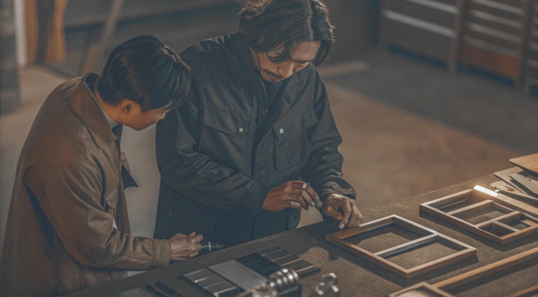 China sourcing agent and China supplier standing in front of a table with a knife and knife