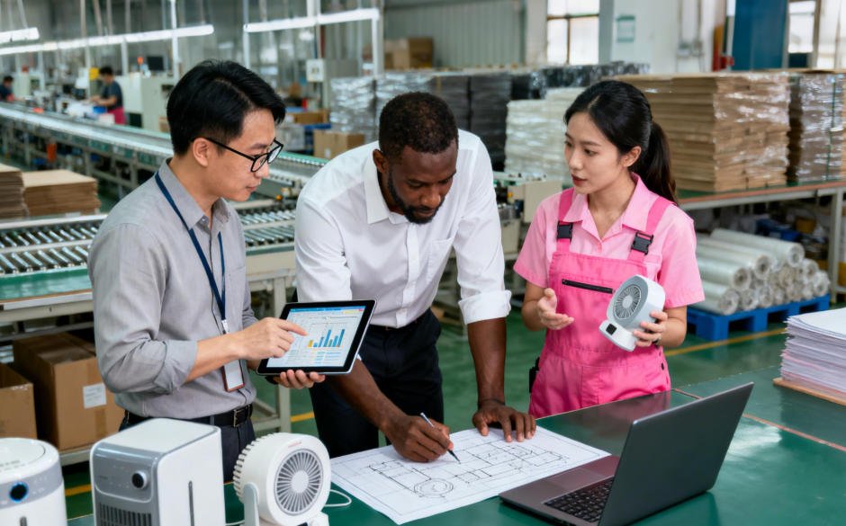 China sourcing agent and American customer standing around a laptop computer