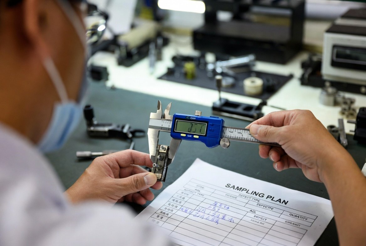 China sourcing agent in a lab coat and a caliper