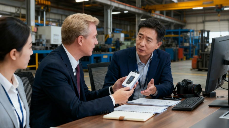 China sourcing agent and customer sitting at a table with a camera