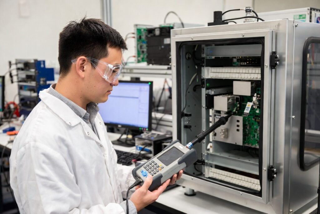 China sourcing agent in a lab coat and a caliper