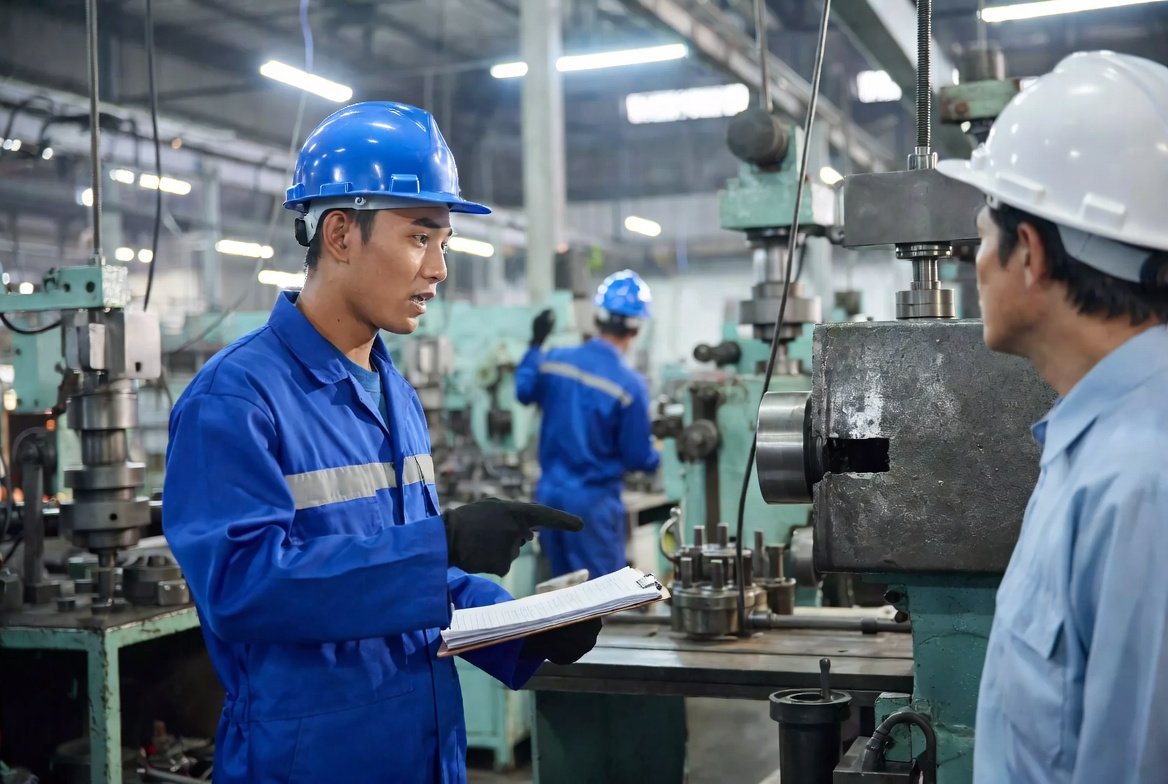 a man in a blue uniform is standing in a factor by China sourcing agent