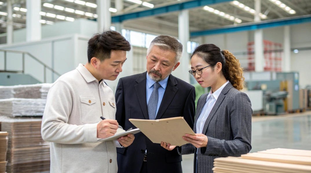 China sourcing agent in business attire standing in a factory