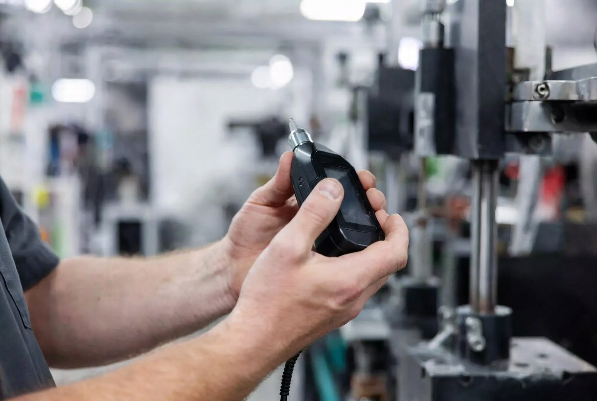 a man in a black shirt is holding a device by China sourcing agent