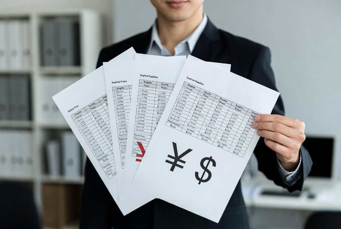 China Sourcing agent in a suit and tie holding a stack of papers