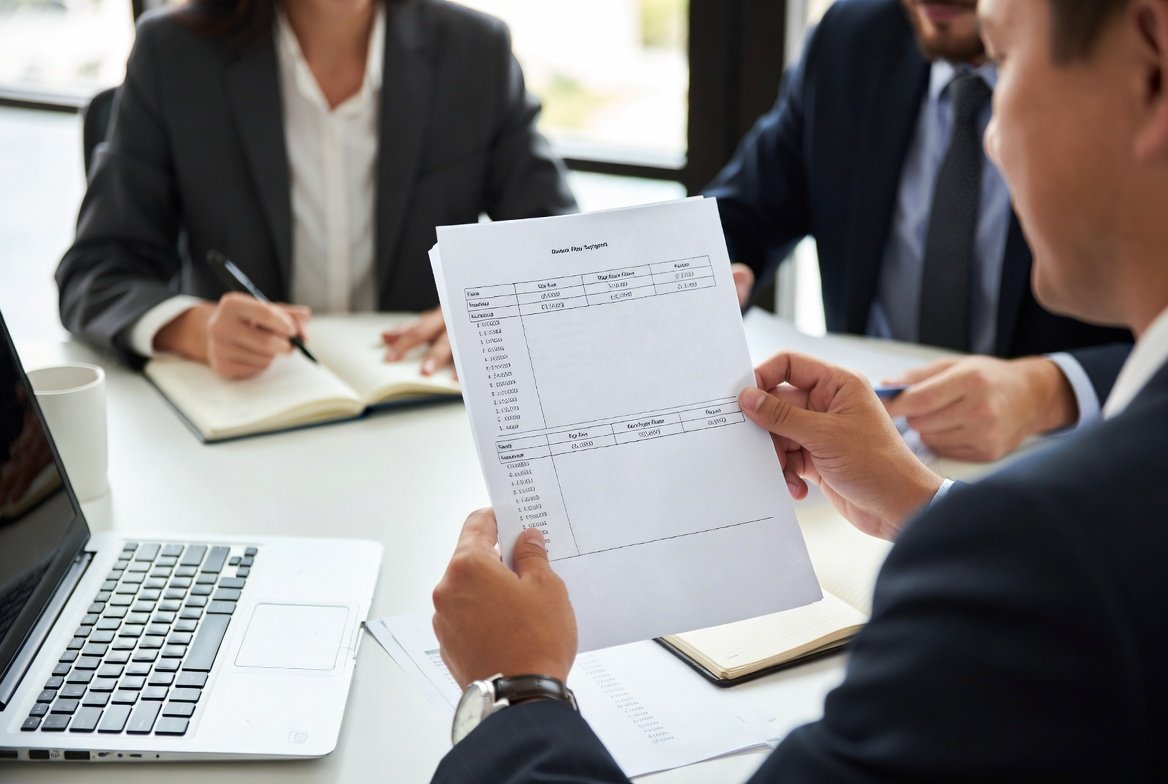 China sourcing agent sitting at a table with papers and papers