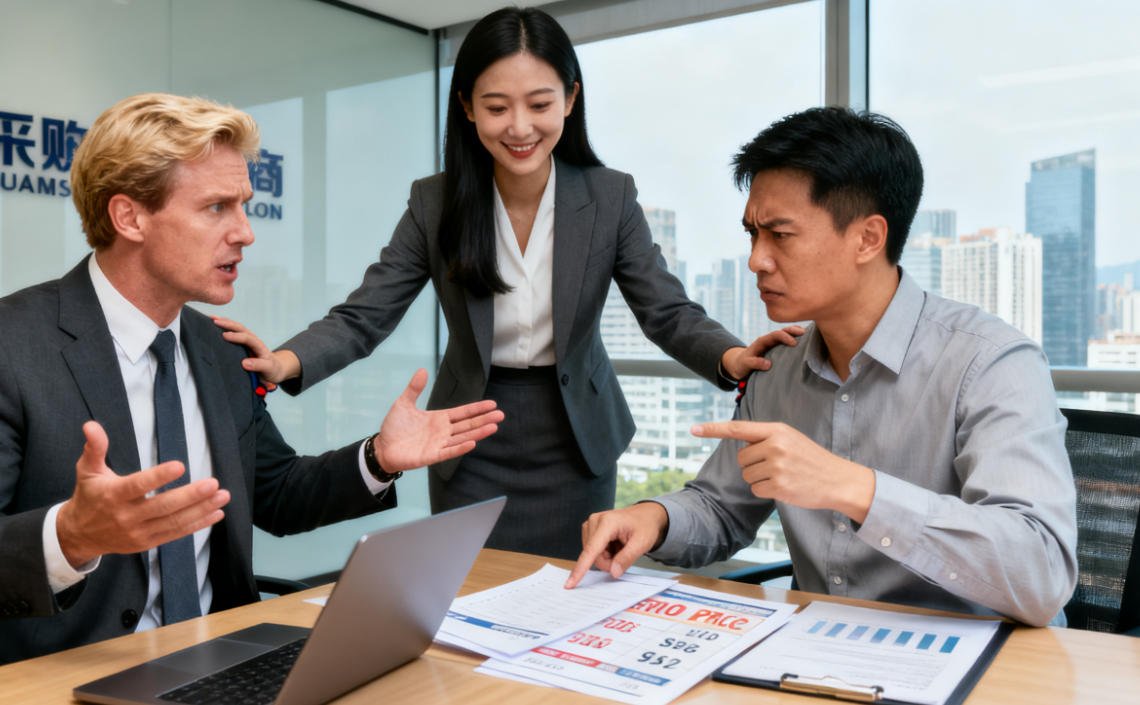China sourcing agent in business attire sitting at a table