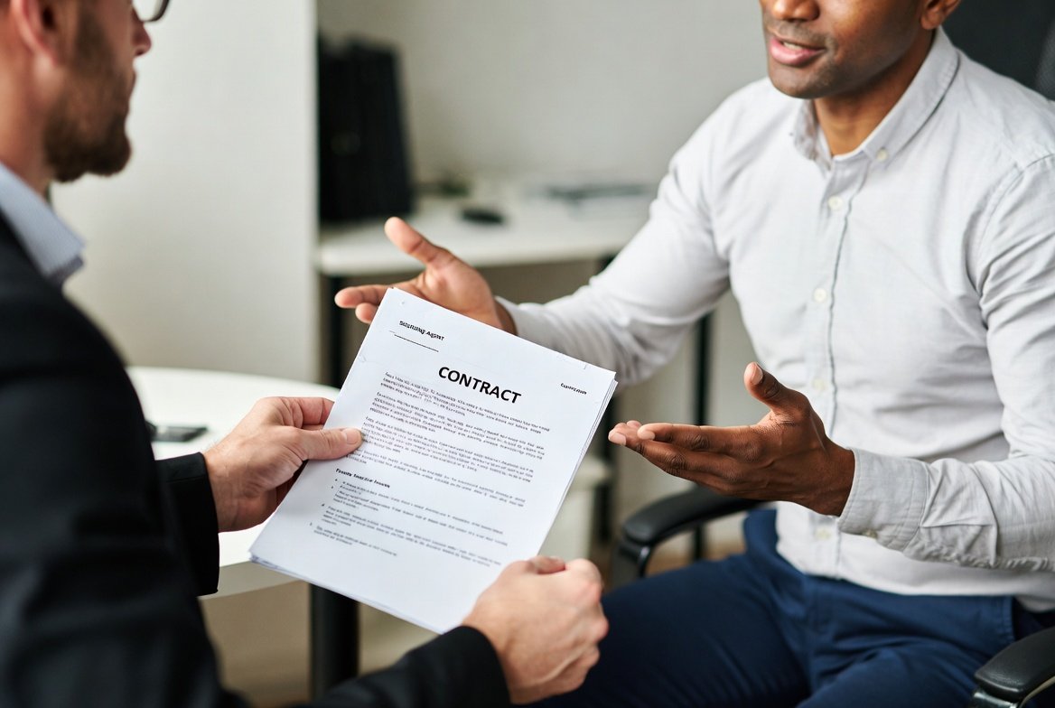 China sourcing agent in a suit and tie is talking to a man in a suit