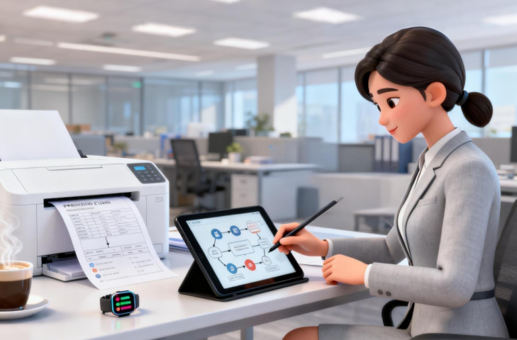 a woman in a business suit is sitting at a desk with a tablet and a