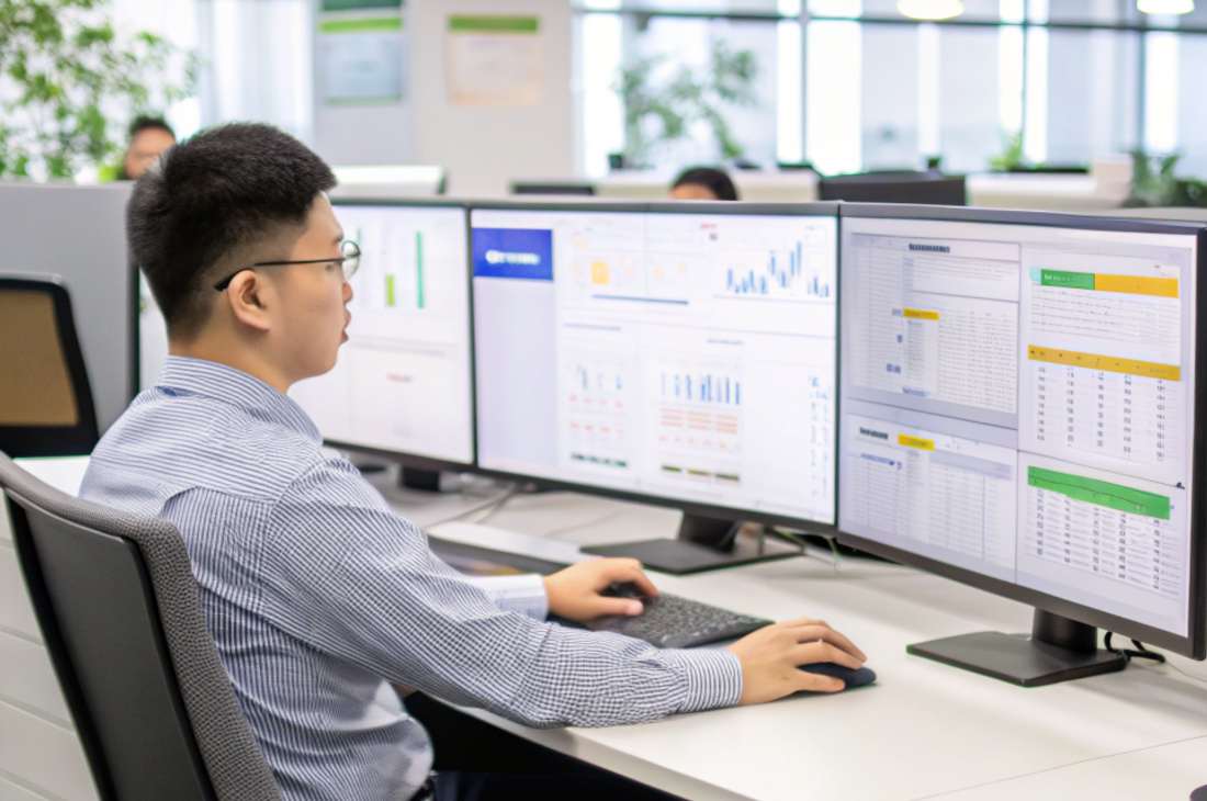 China sourcing agent sitting at a desk with two monitors and a keyboard