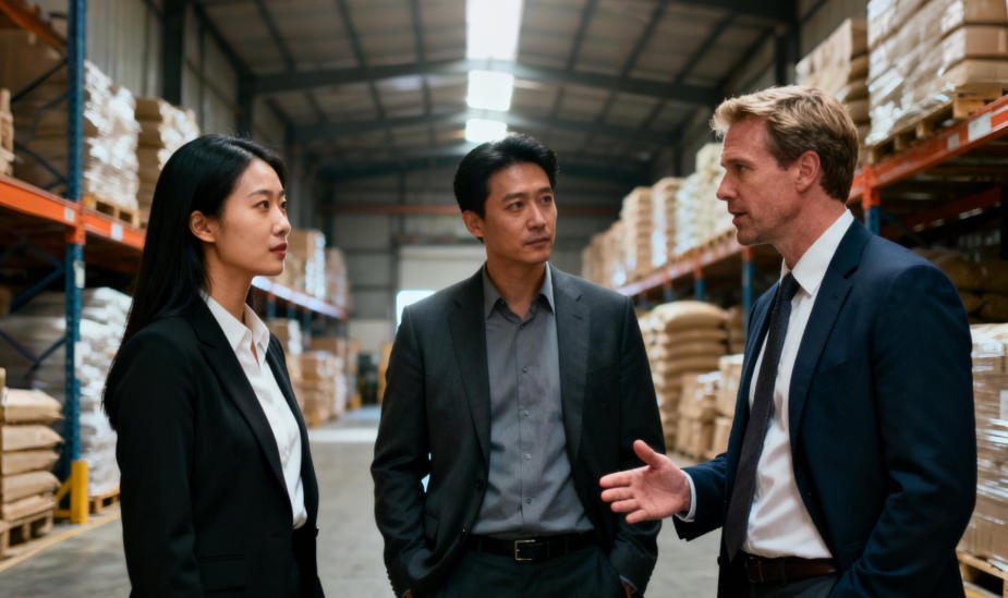 China sourcing agent in suits standing in a warehouse