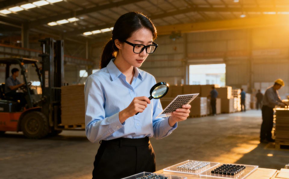 China sourcing agent in a blue shirt and glasses looking at a tablet computer screen