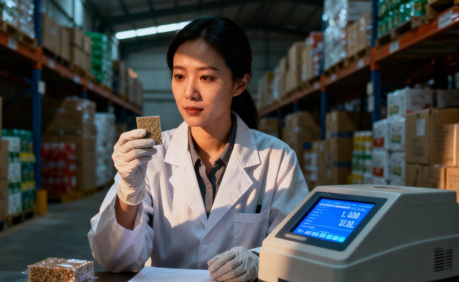 China sourcing agent in a lab coat and gloves holding a piece of bread