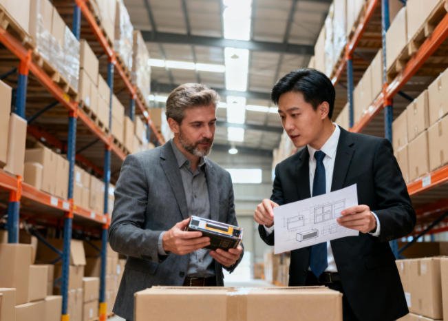 China sourcing agent and client in warehouse