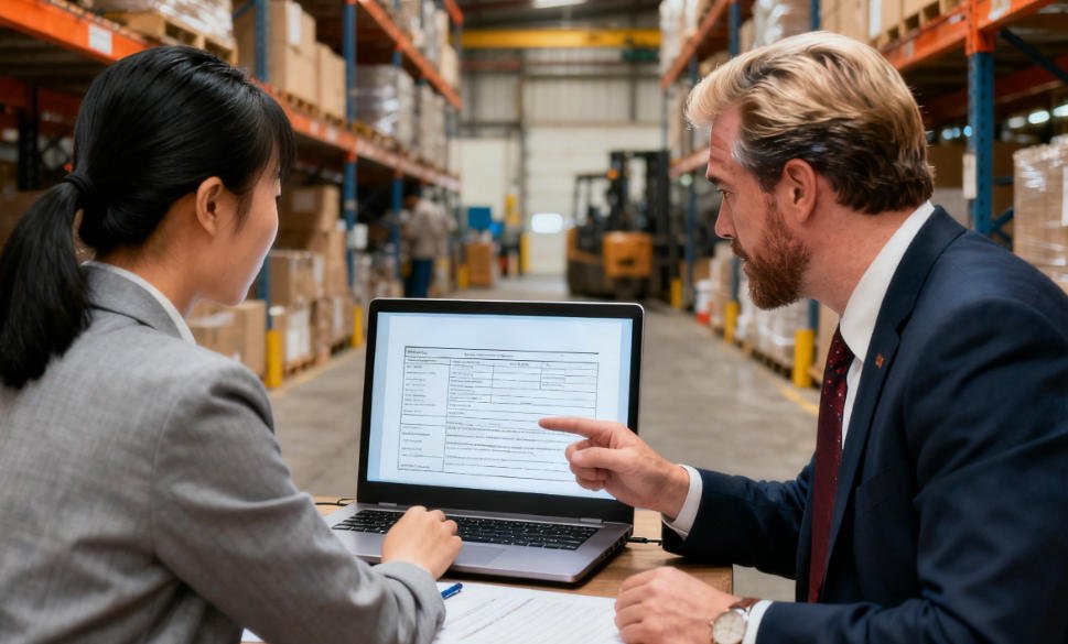 China sourcing agent and american customer in business attire in a warehouse