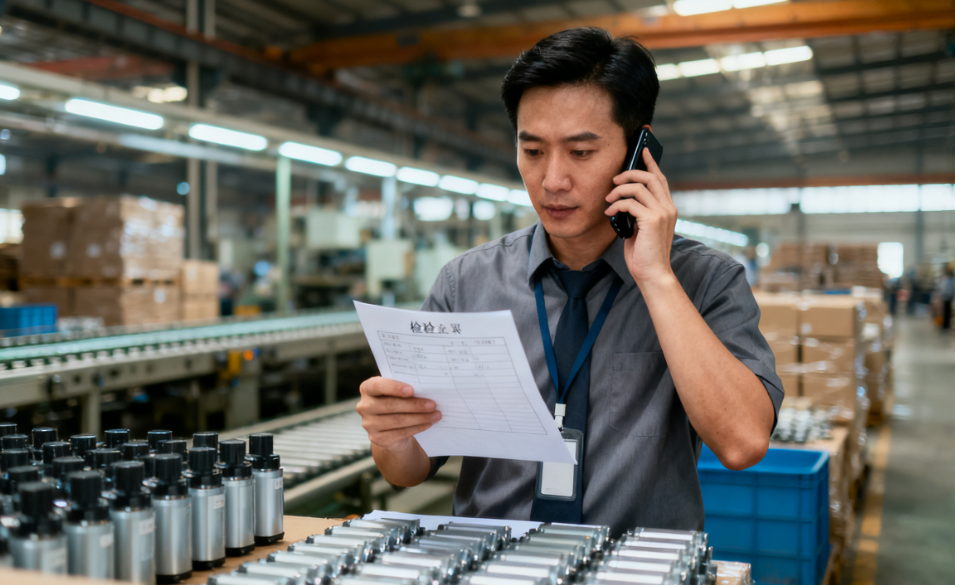 china sourcing agent in a factory with a lot of boxes inspection