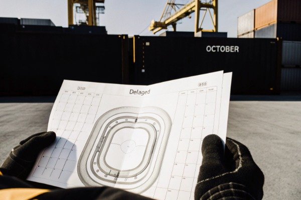 High angle view of massive shipping container yard with cranes (ID#5)