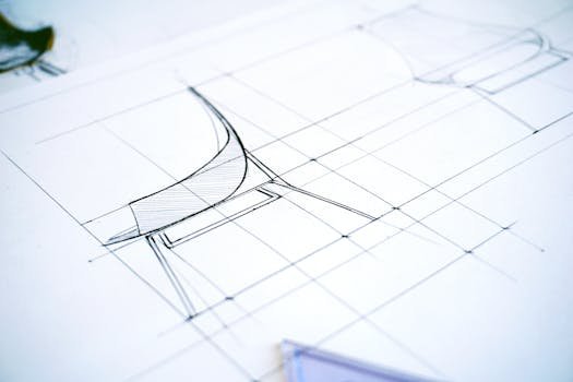 Detailed sketch of a modern chair design showcasing precise lines and geometric shapes.