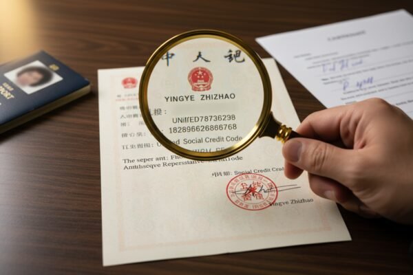 Verifying the 18-digit USCC and legal representative details on a Chinese business license (ID#3)
