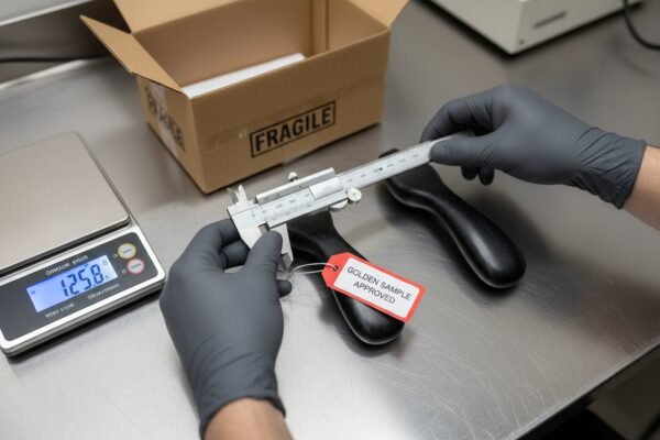 Golden Sample Quality Comparison Sourcing agent comparing mass production units against a sealed Golden Sample for exact specifications (ID#2)