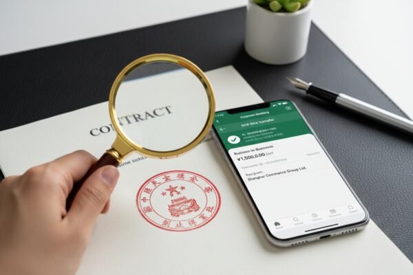 Sourcing agent protecting funds from fraudulent private accounts during international transactions (ID#2)