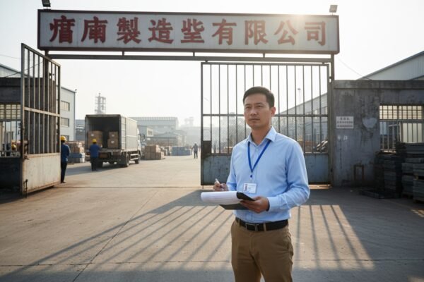 Verifying On-site Factory Audits Sourcing agent conducting on-site factory audits to verify production lines and manufacturing capabilities (ID#4)