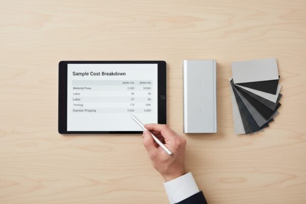 Detailed breakdown of sample production costs including material fees and labor charges from China (ID#2)