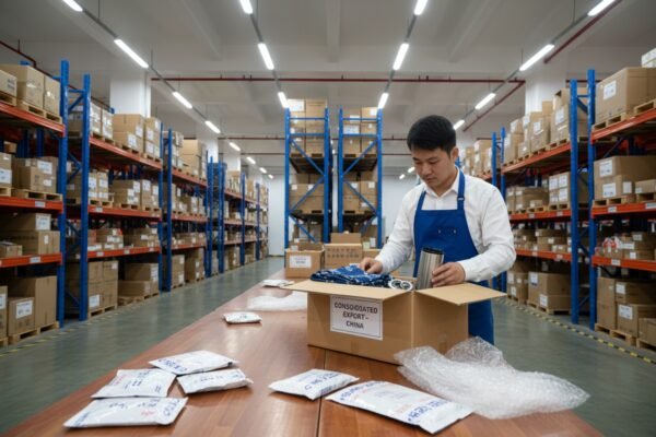 Consolidating Samples for Savings Sourcing agent consolidating multiple supplier samples into one shipment to save on shipping costs (ID#3)