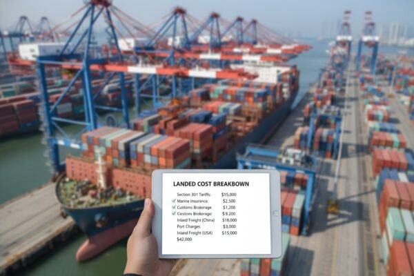 Landed Cost Fee Breakdown Breakdown of specific fees including freight duties and tariffs for total landed cost (ID#2)
