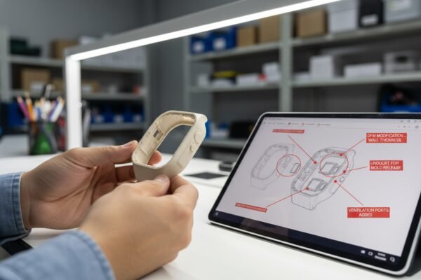 Product Manufacturability Review Sourcing agent reviewing custom product design for manufacturability and factory process alignment in China (ID#2)