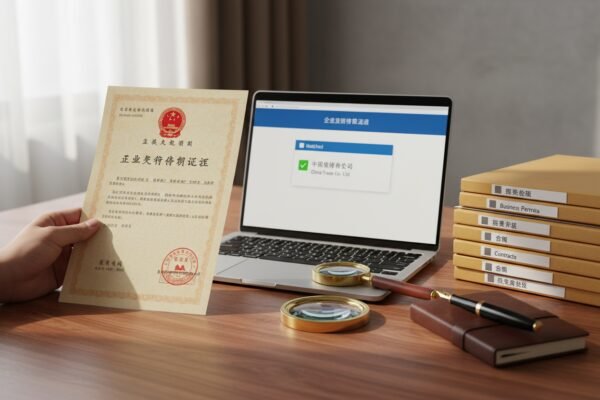 Agent checking Chinese business licenses and official documents to verify supplier legitimacy (ID#3)