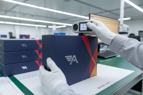 Sourcing partner performing quality inspection on packaging print accuracy and structural integrity before shipment (ID#4)