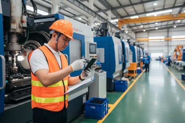 Factory Quality Standards Audit Auditor inspecting factory production lines and raw materials to ensure high-end quality (ID#4)