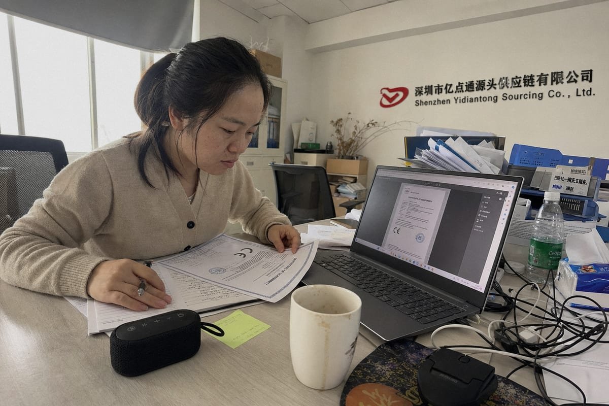 Sourcing agent checking CE, RoHS, REACH, and ISO 9001 certifications (ID#2)