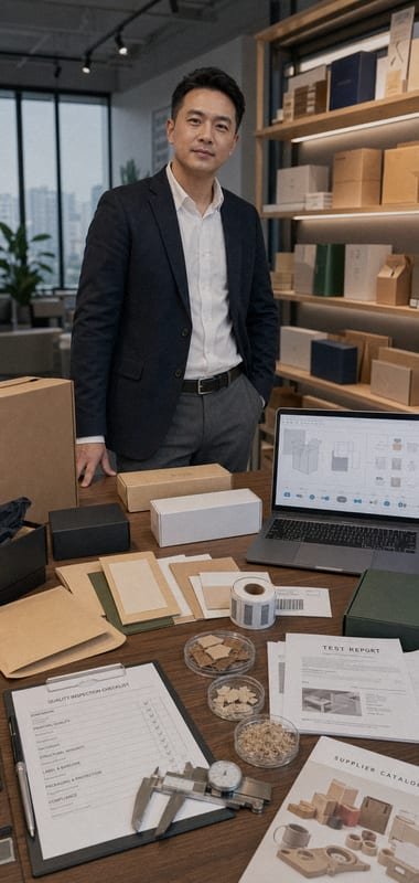 Sourcing agent conducting packaging quality control and compliance testing checks (ID#4)