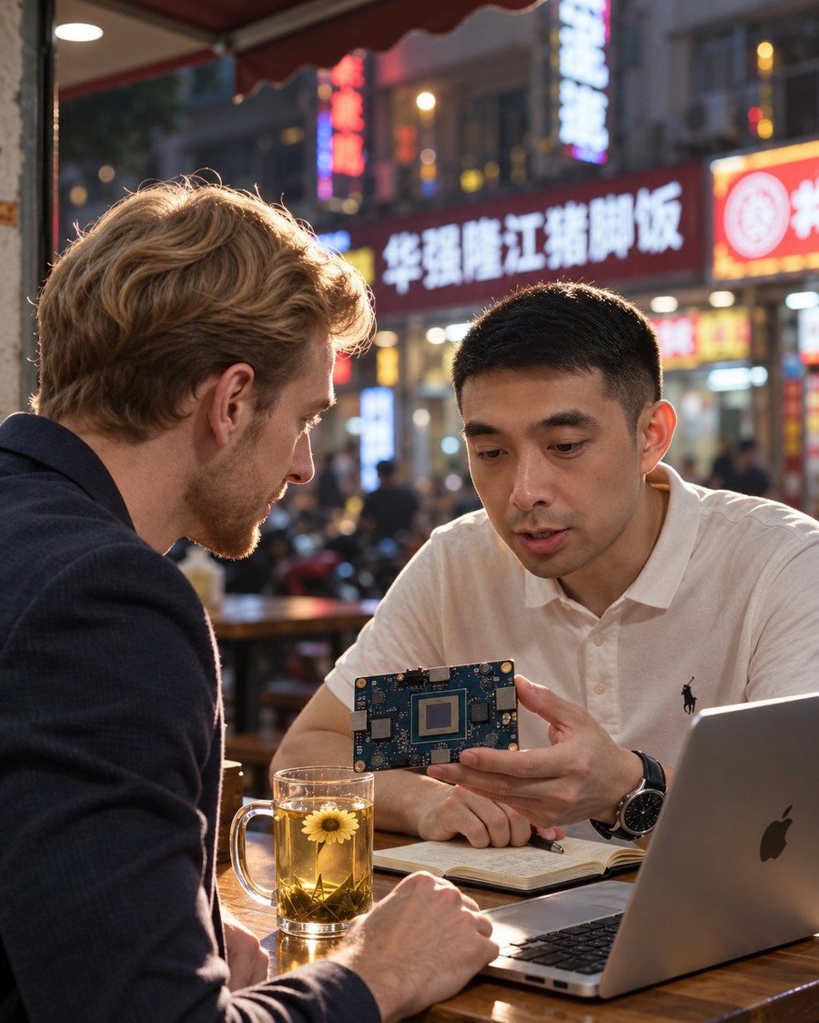 GoSource accompanying a hardware founder reviewing PCB samples in Shenzhen