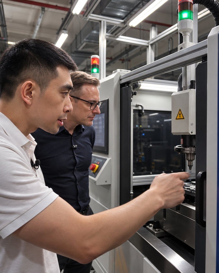GoSource consultant explaining factory machinery to a visiting buyer