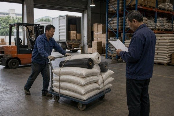 Third-party inspector verifying goods before releasing installment payment to sourcing agent (ID#4)
